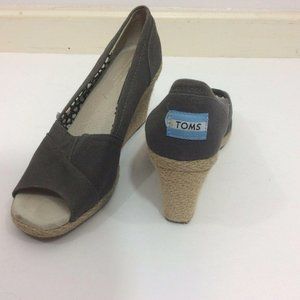 TOMS GRAY CANVAS PEEP TOE ESPADRILLES WEDGE HEEL